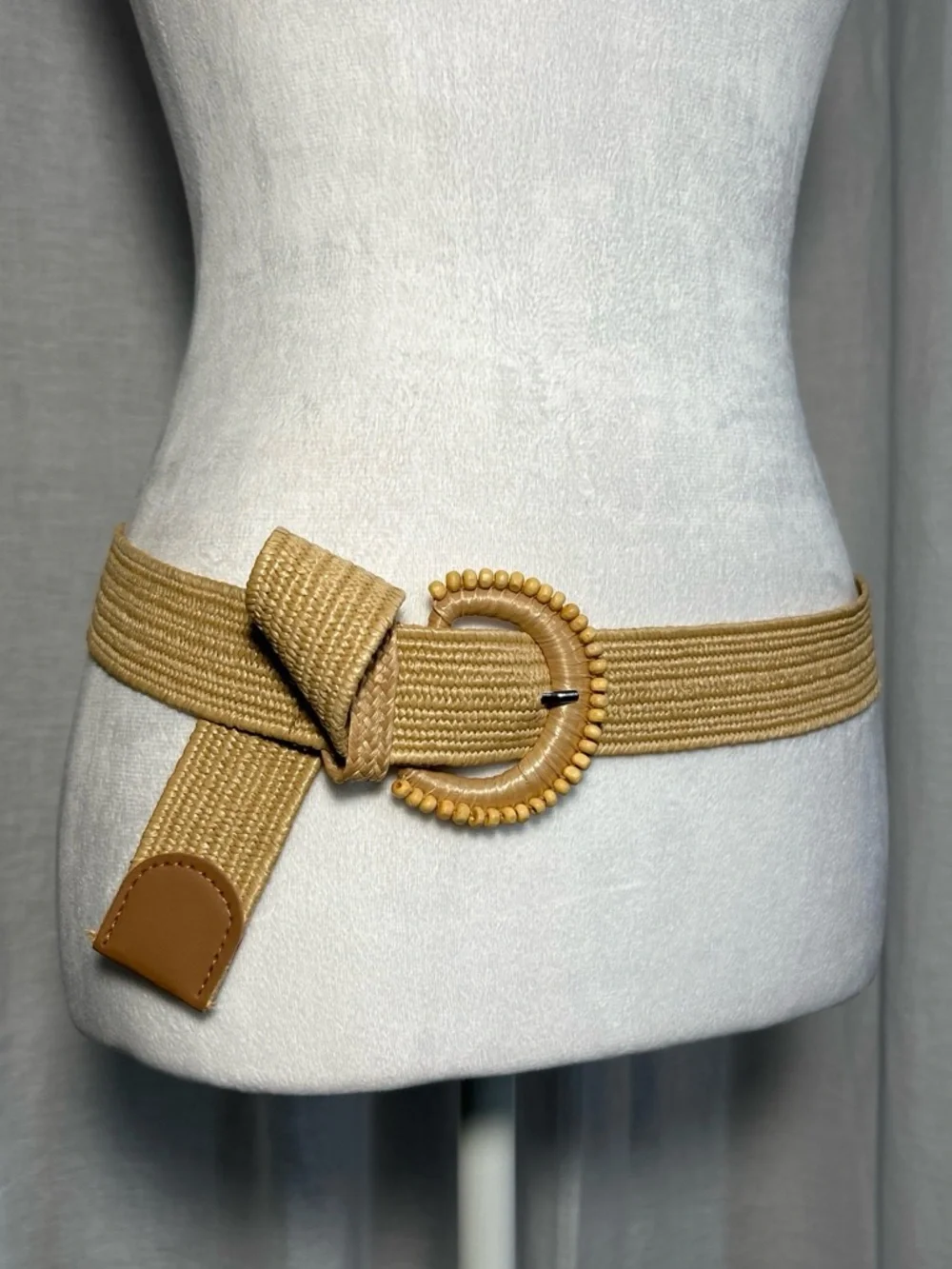 Tan Woven Straw Belt with Beaded Round Buckle - Women Accessories